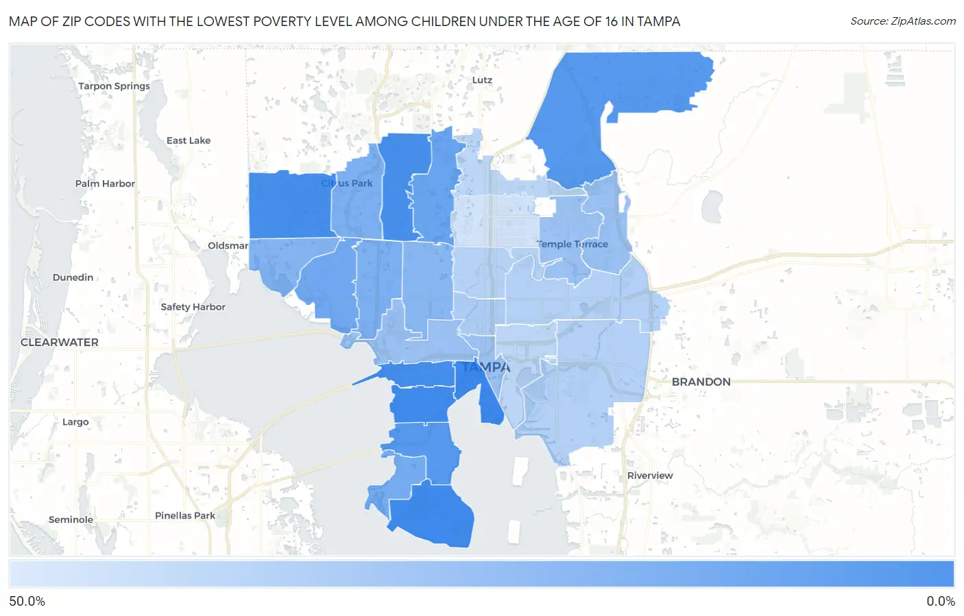 Zip Codes with the Lowest Poverty Level Among Children Under the Age of 16 in Tampa Map