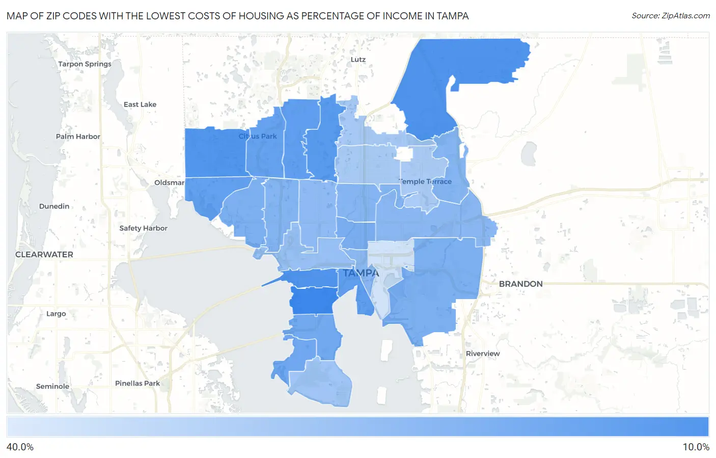 Zip Codes with the Lowest Costs of Housing as Percentage of Income in Tampa Map