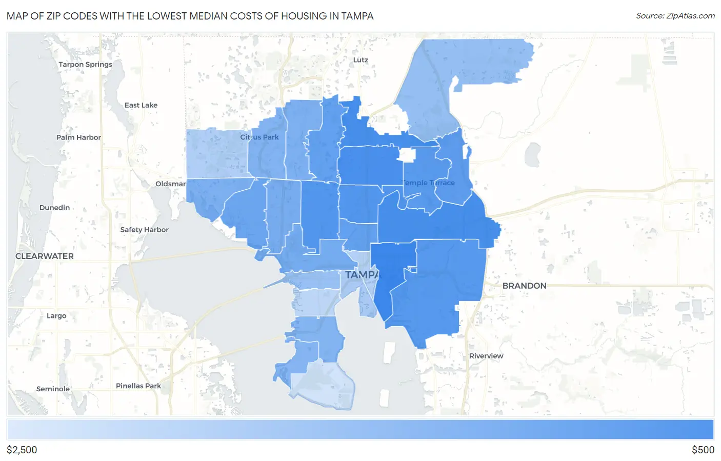 Zip Codes with the Lowest Median Costs of Housing in Tampa Map