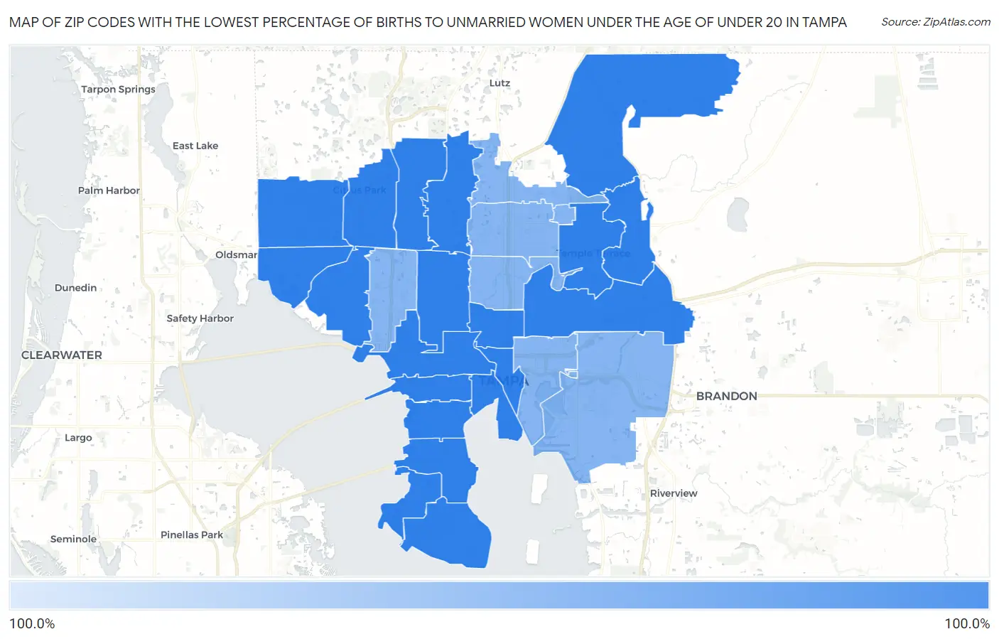Zip Codes with the Lowest Percentage of Births to Unmarried Women under the Age of under 20 in Tampa Map