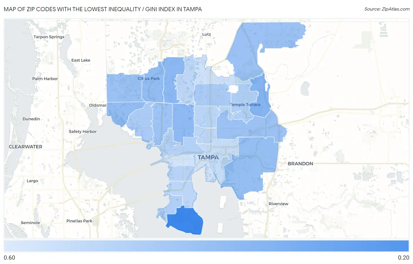 Zip Codes with the Lowest Inequality / Gini Index in Tampa Map