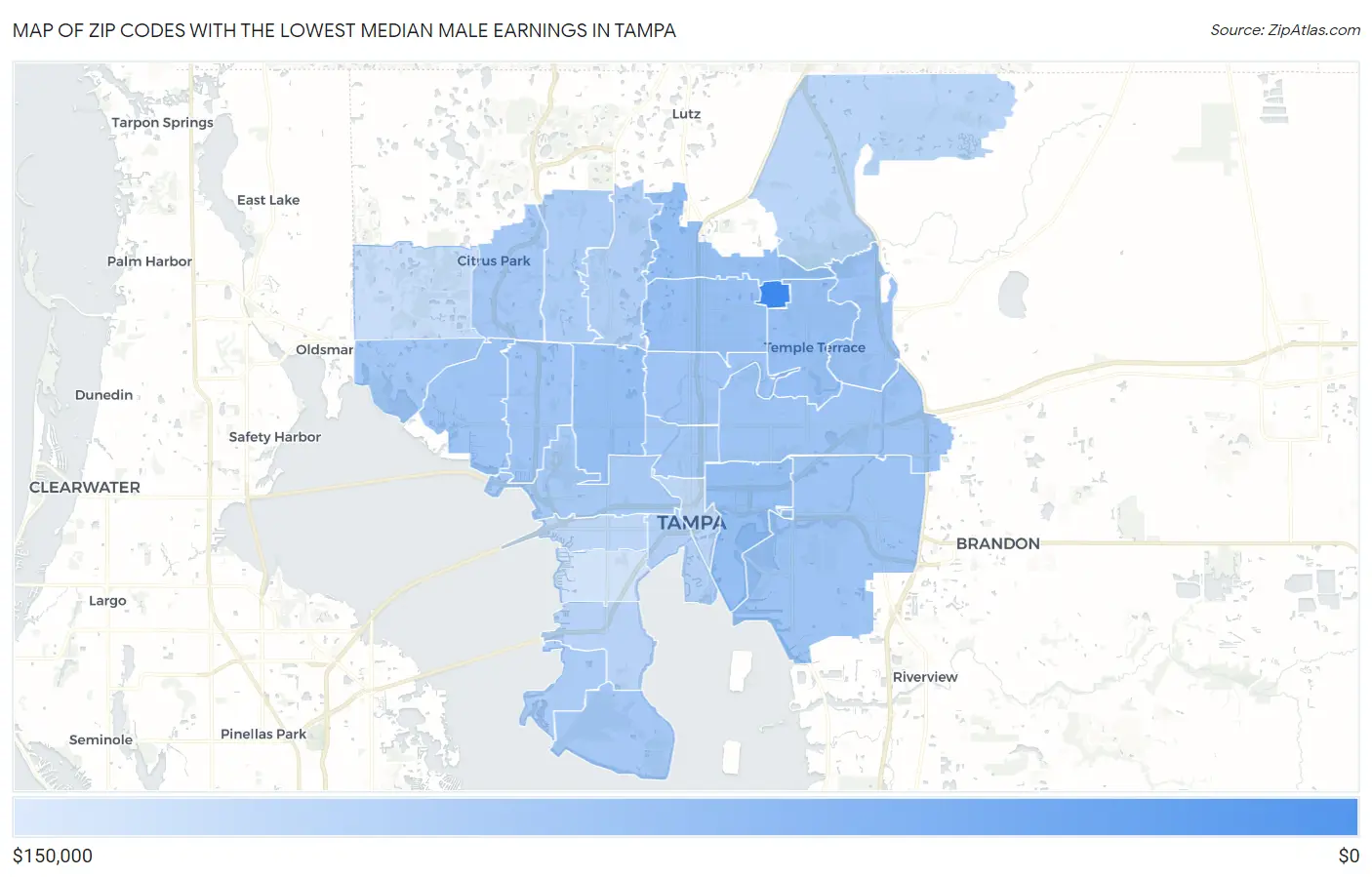 Zip Codes with the Lowest Median Male Earnings in Tampa Map