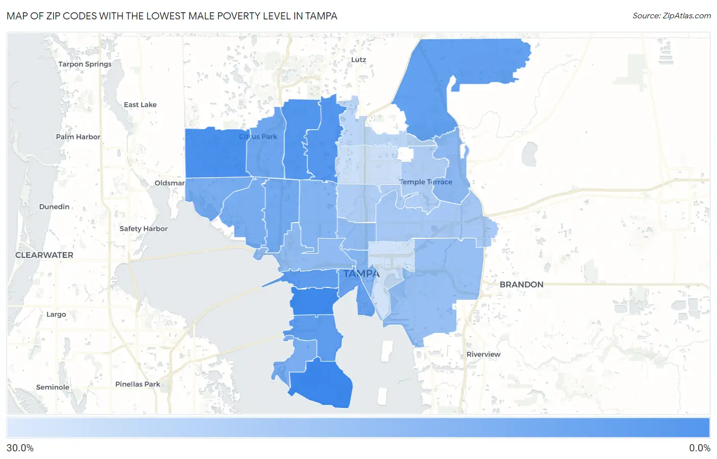Zip Codes with the Lowest Male Poverty Level in Tampa Map