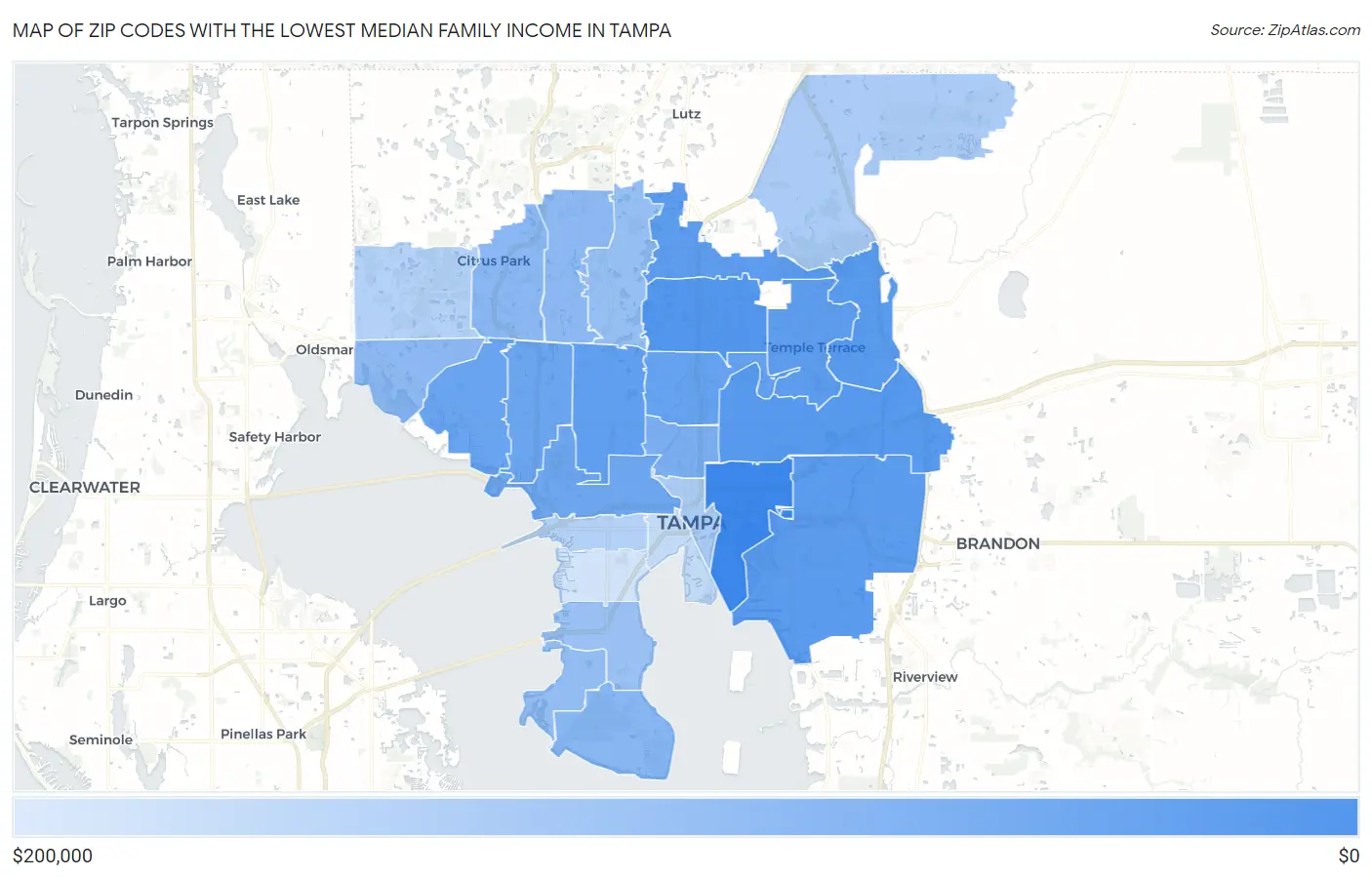 Zip Codes with the Lowest Median Family Income in Tampa Map