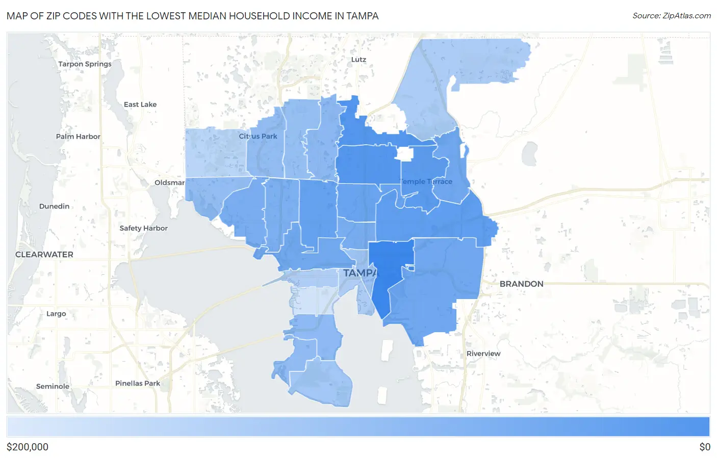 Zip Codes with the Lowest Median Household Income in Tampa Map