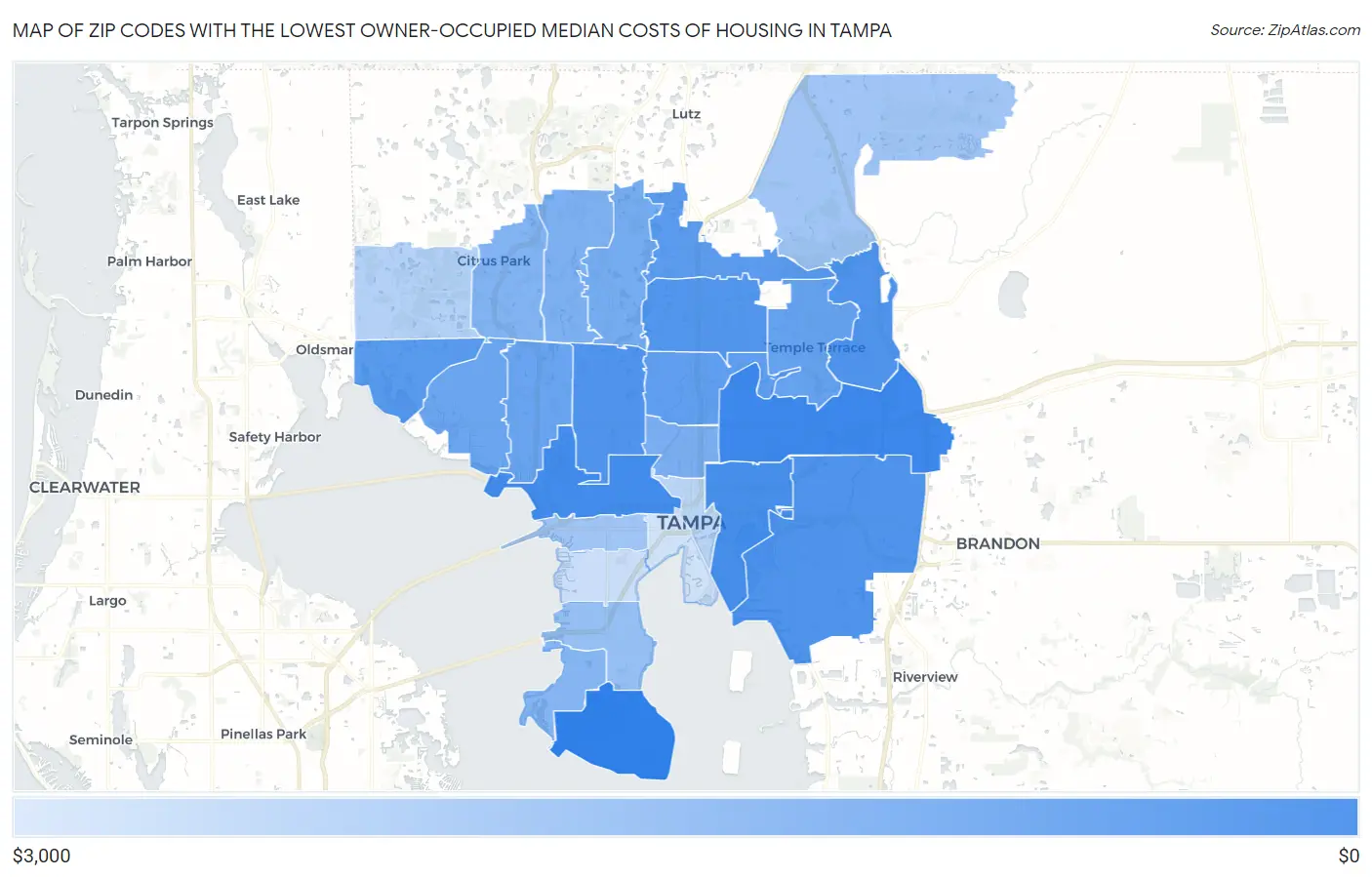 Zip Codes with the Lowest Owner-Occupied Median Costs of Housing in Tampa Map