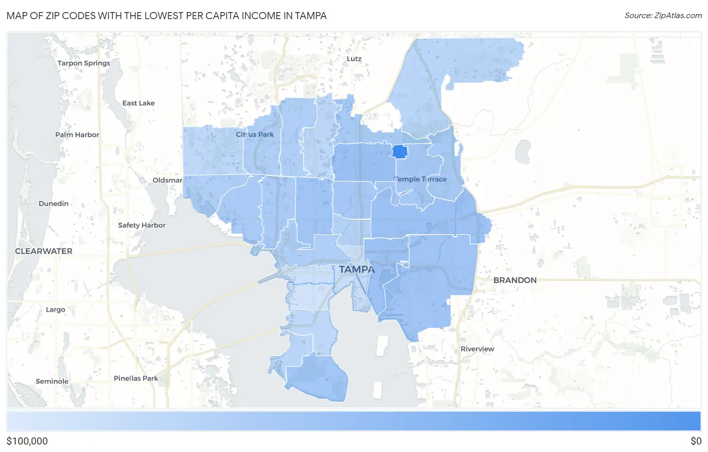 Zip Codes with the Lowest Per Capita Income in Tampa Map