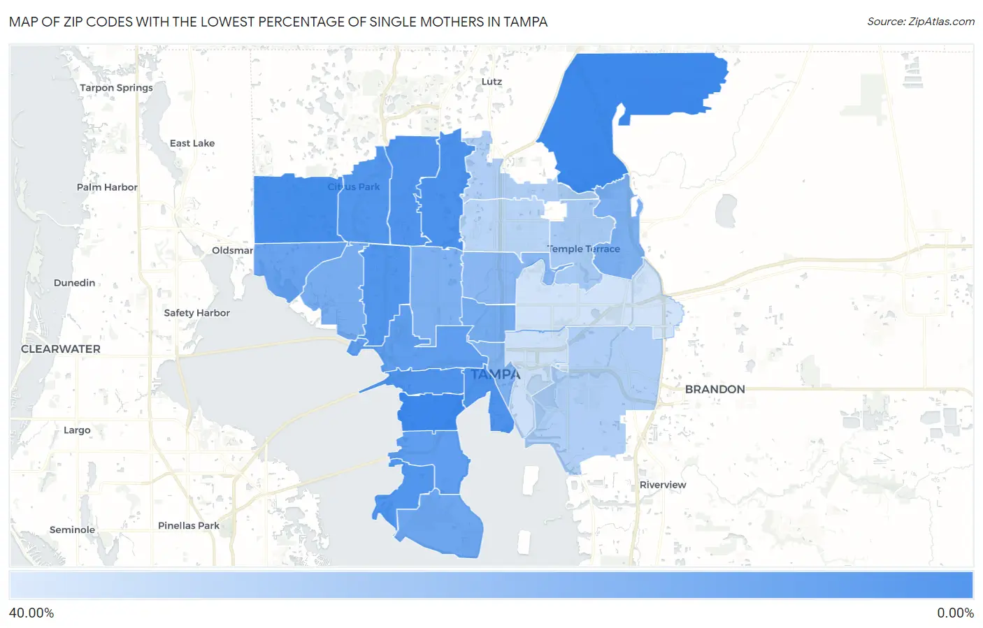 Zip Codes with the Lowest Percentage of Single Mothers in Tampa Map