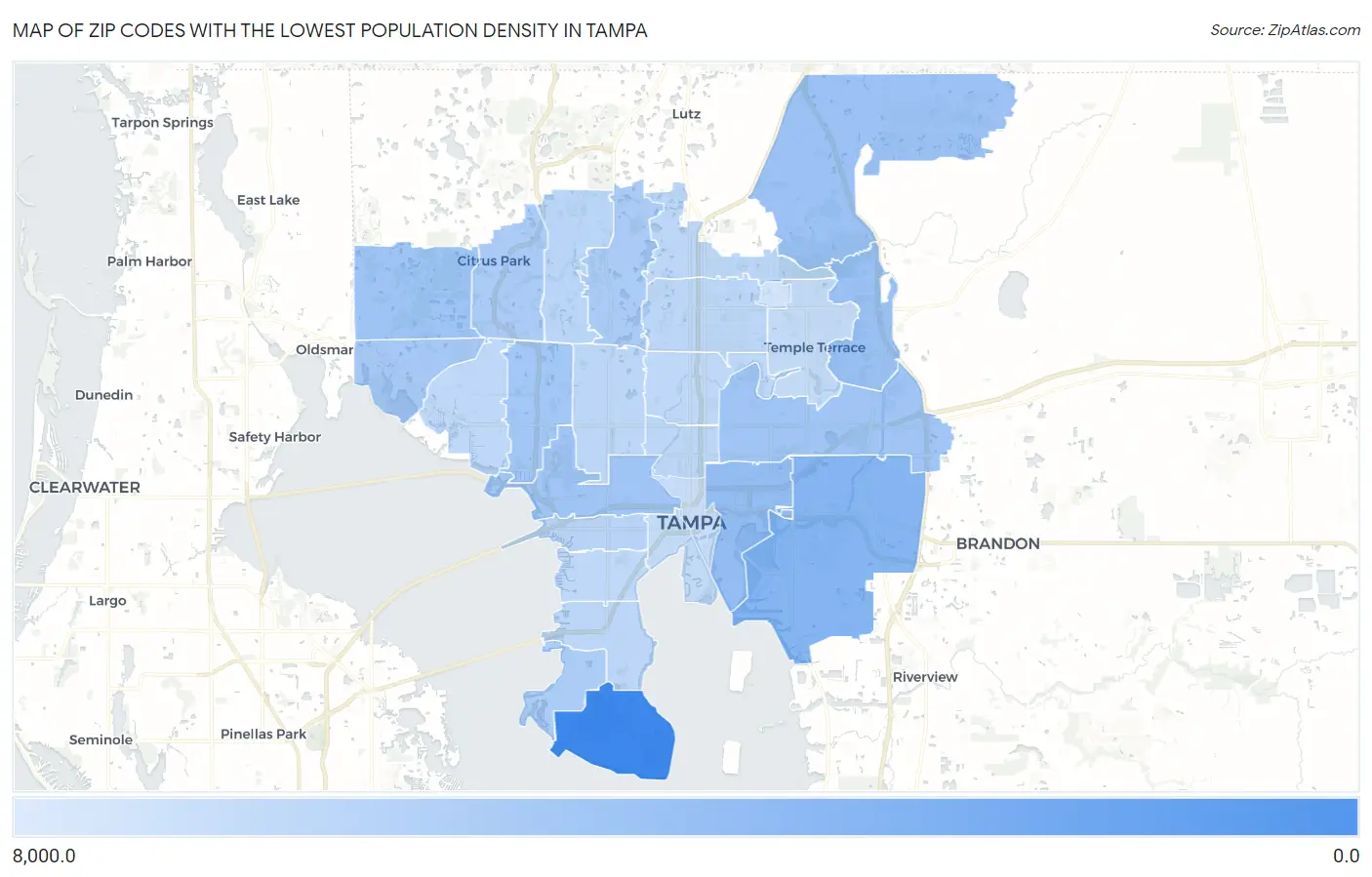 Zip Codes with the Lowest Population Density in Tampa Map