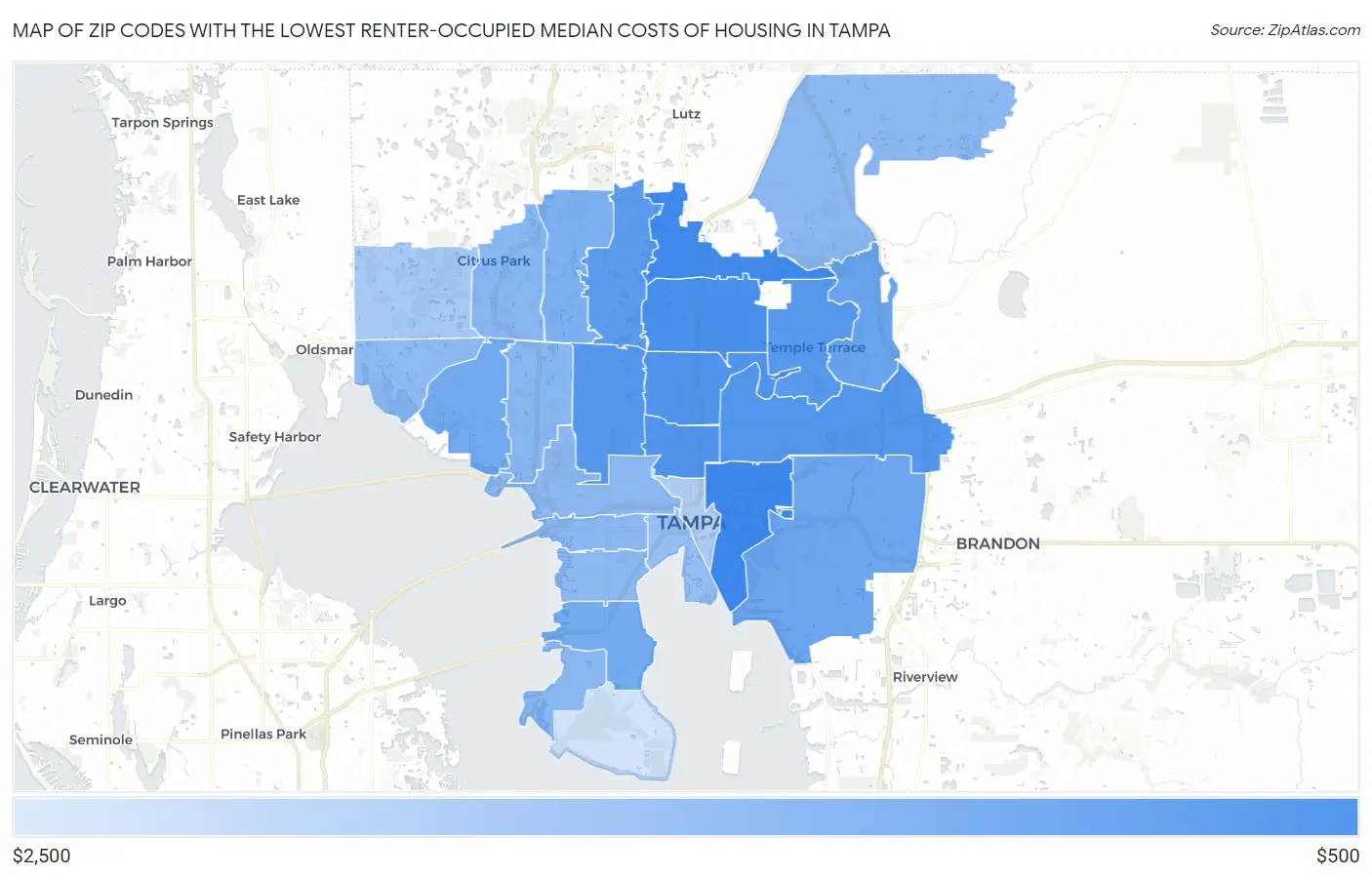 Zip Codes with the Lowest Renter-Occupied Median Costs of Housing in Tampa Map