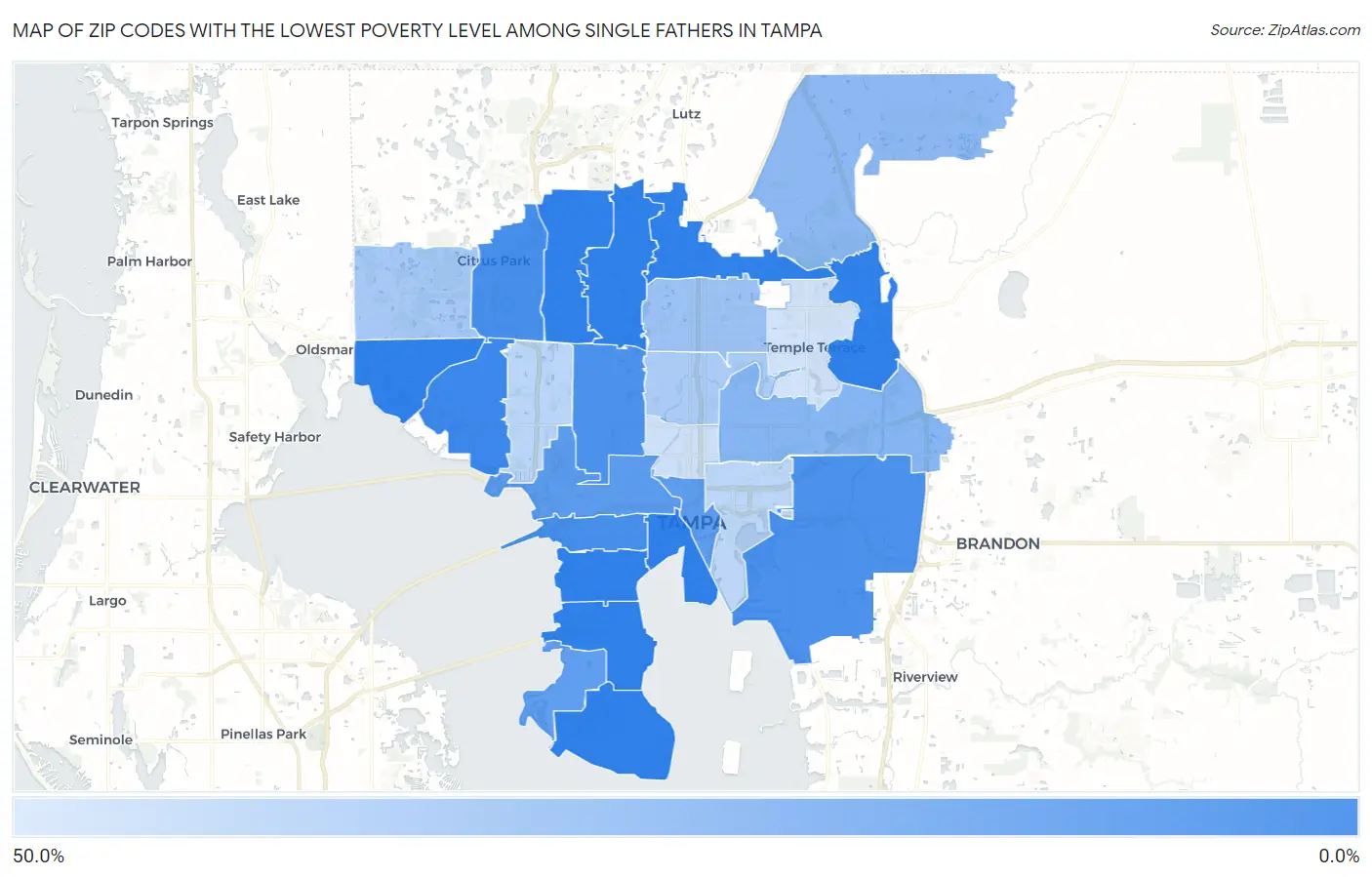 Zip Codes with the Lowest Poverty Level Among Single Fathers in Tampa Map