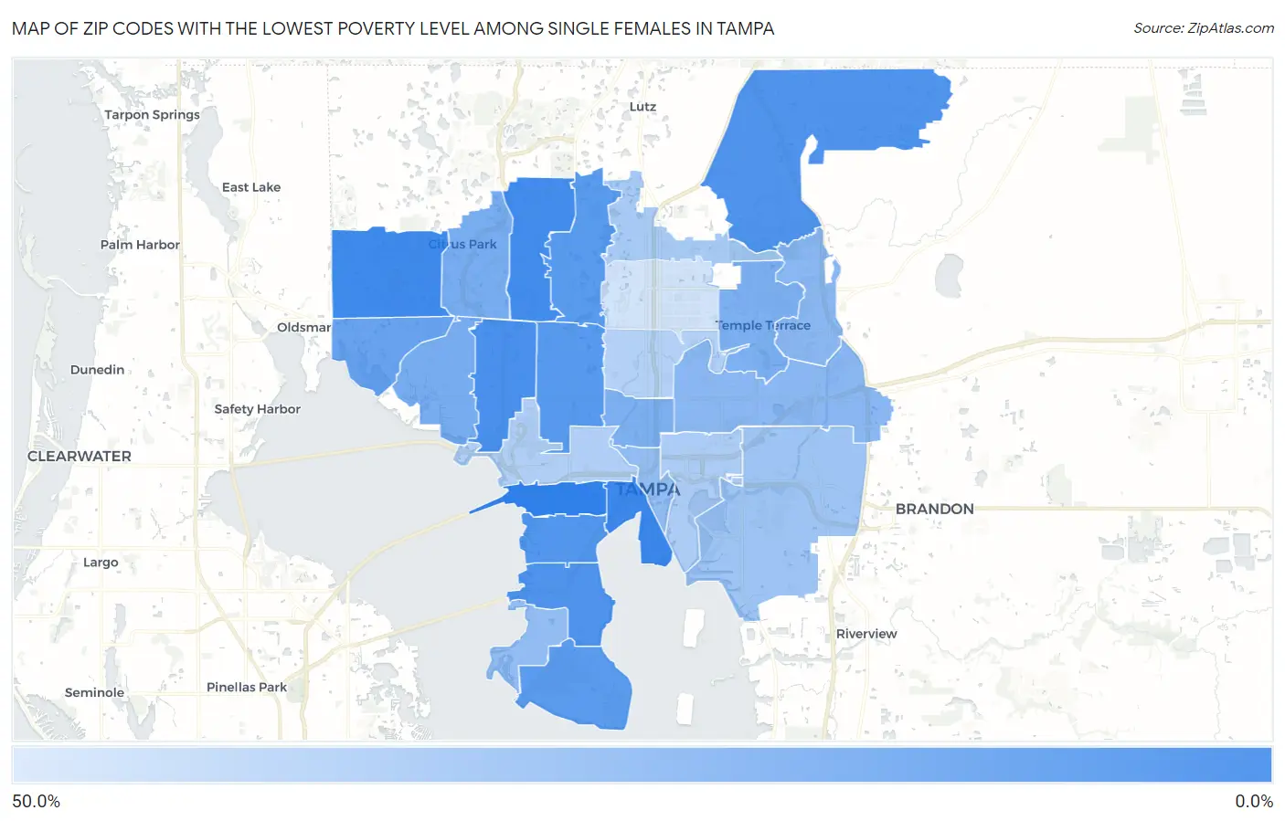 Zip Codes with the Lowest Poverty Level Among Single Females in Tampa Map