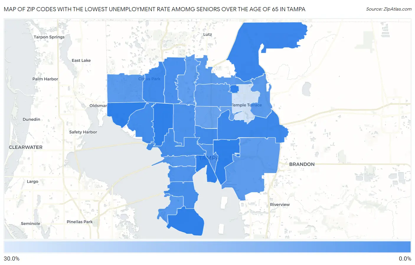 Zip Codes with the Lowest Unemployment Rate Amomg Seniors Over the Age of 65 in Tampa Map