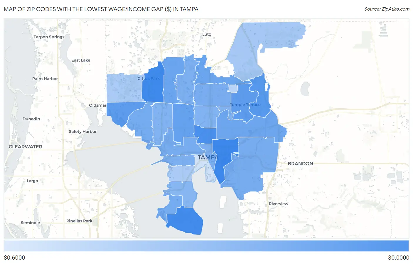 Zip Codes with the Lowest Wage/Income Gap ($) in Tampa Map