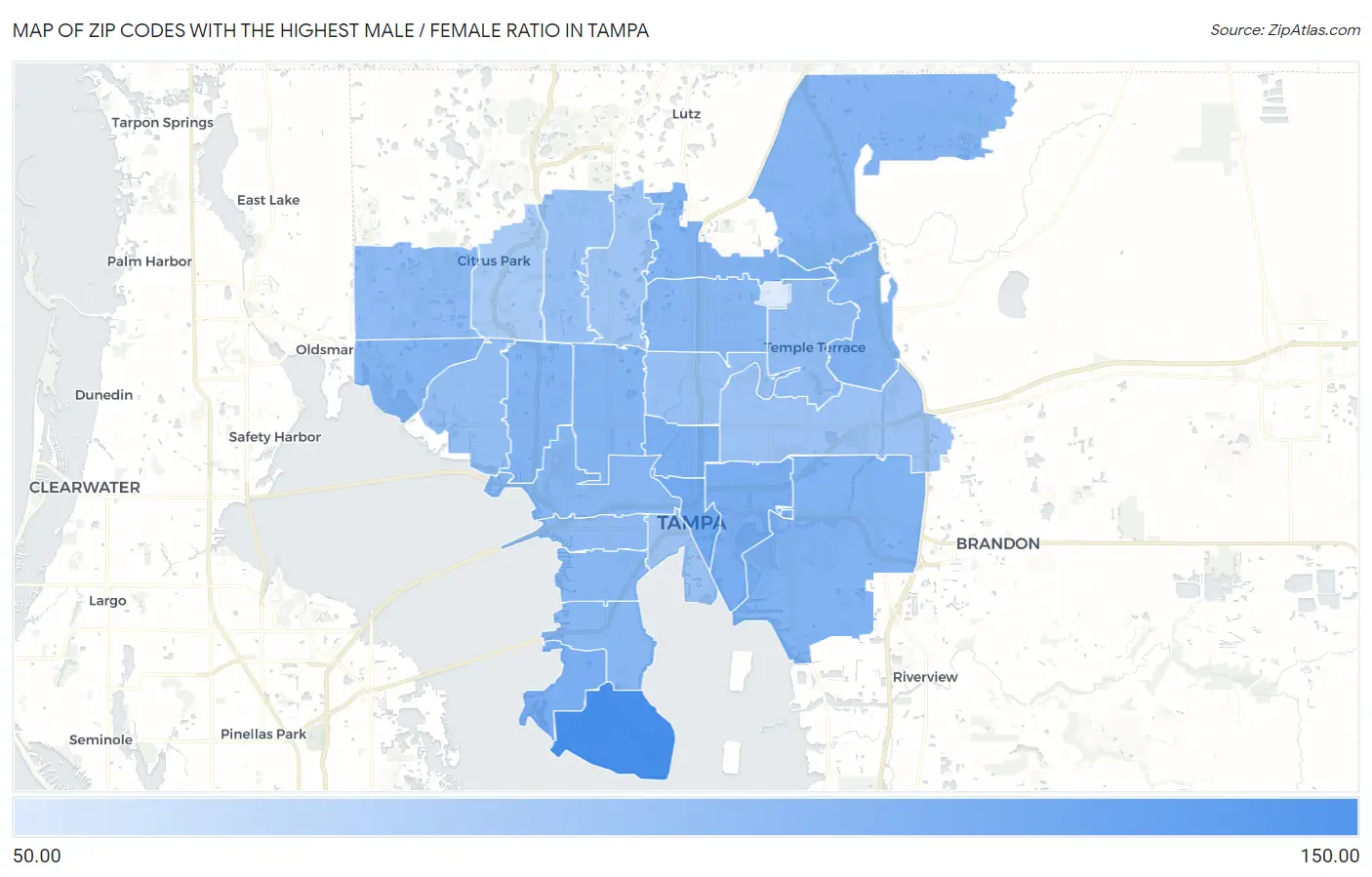 Zip Codes with the Highest Male / Female Ratio in Tampa Map