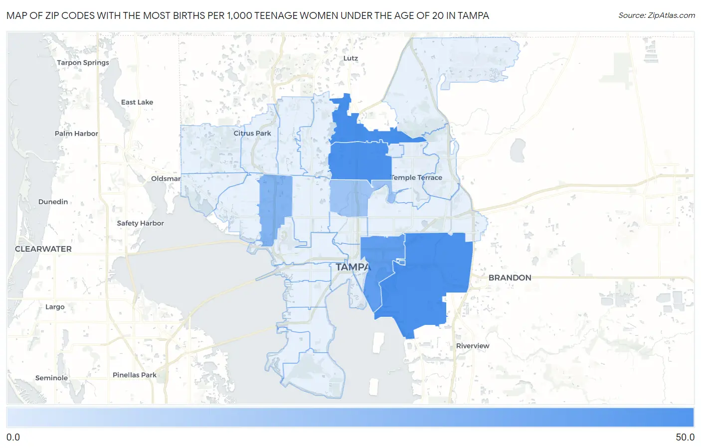 Zip Codes with the Most Births per 1,000 Teenage Women Under the Age of 20 in Tampa Map