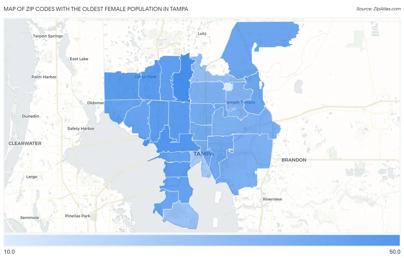 Zip Codes with the Oldest Female Population in Tampa Map