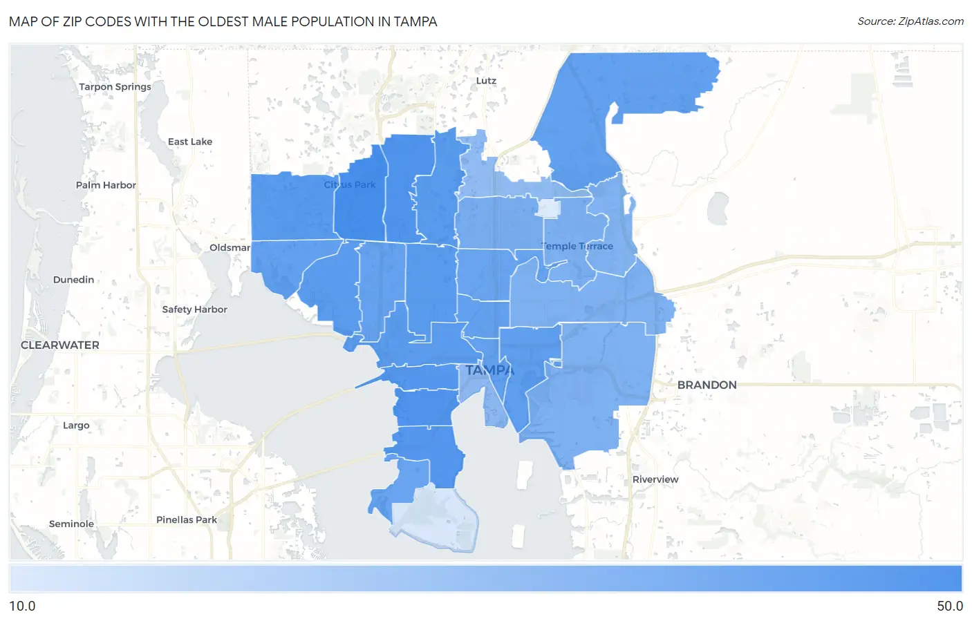 Zip Codes with the Oldest Male Population in Tampa Map