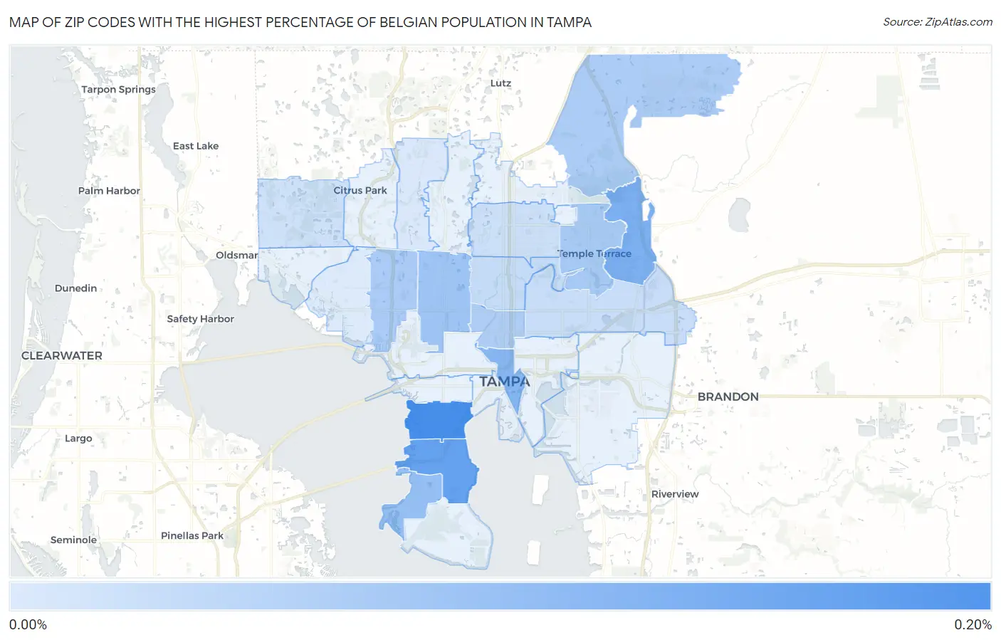 Zip Codes with the Highest Percentage of Belgian Population in Tampa Map