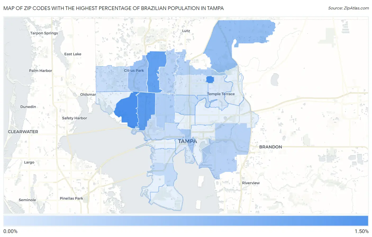 Zip Codes with the Highest Percentage of Brazilian Population in Tampa Map