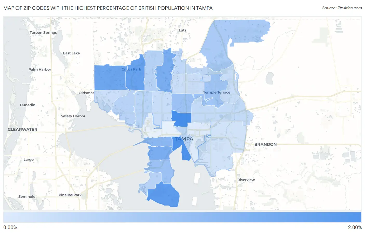Zip Codes with the Highest Percentage of British Population in Tampa Map