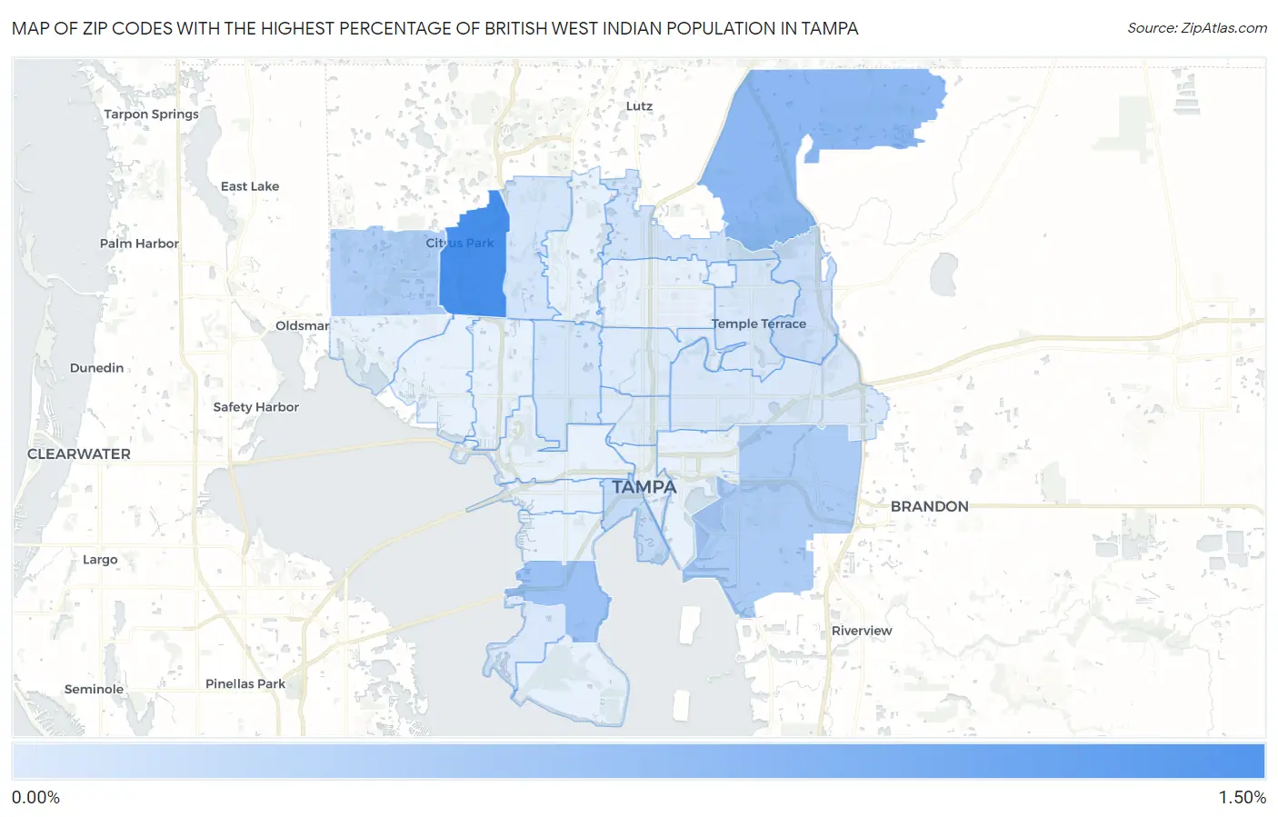 Zip Codes with the Highest Percentage of British West Indian Population in Tampa Map