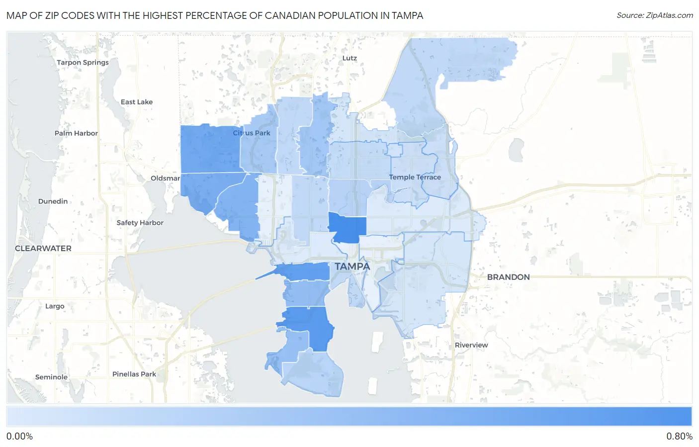 Zip Codes with the Highest Percentage of Canadian Population in Tampa Map