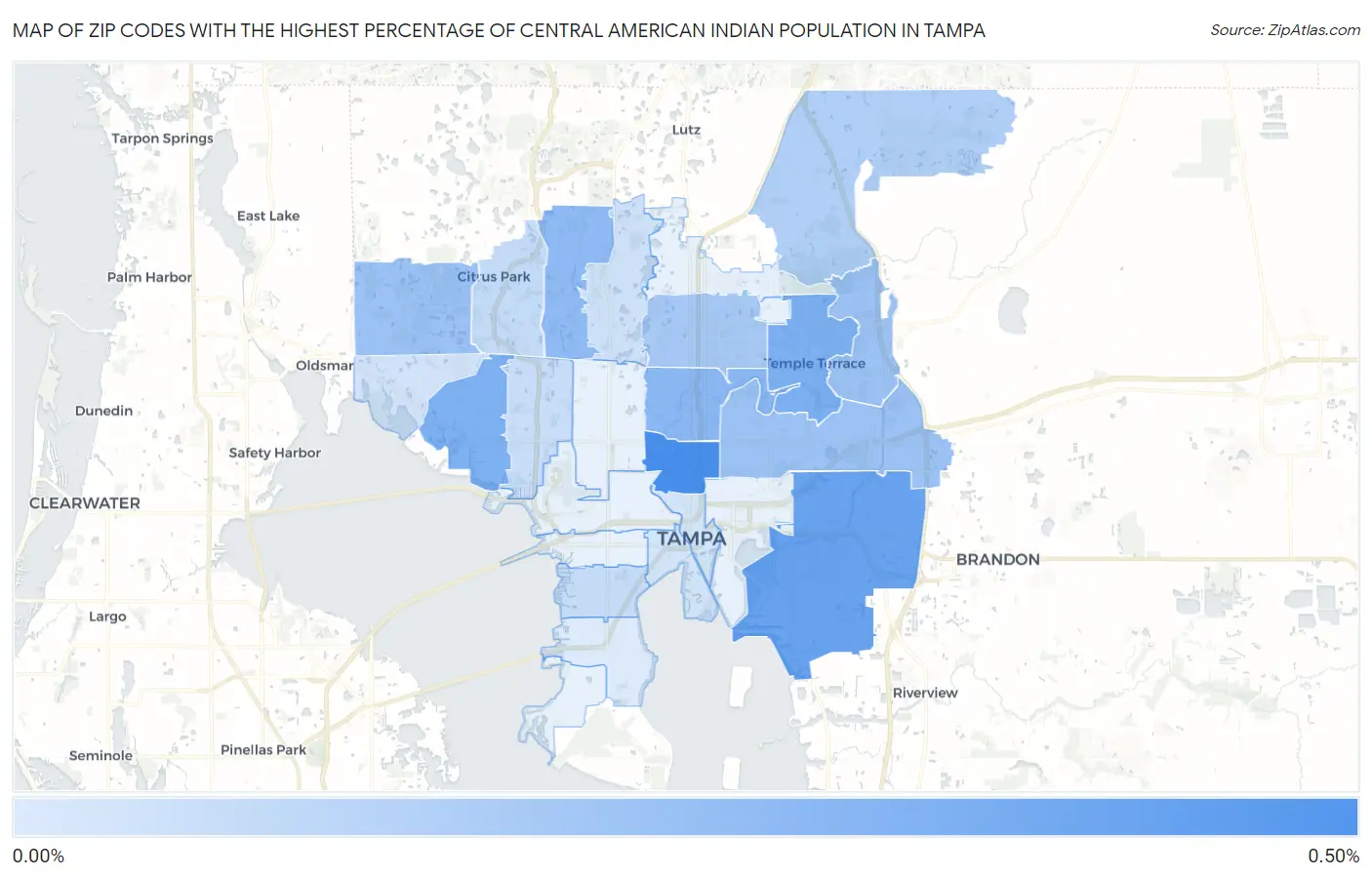 Zip Codes with the Highest Percentage of Central American Indian Population in Tampa Map