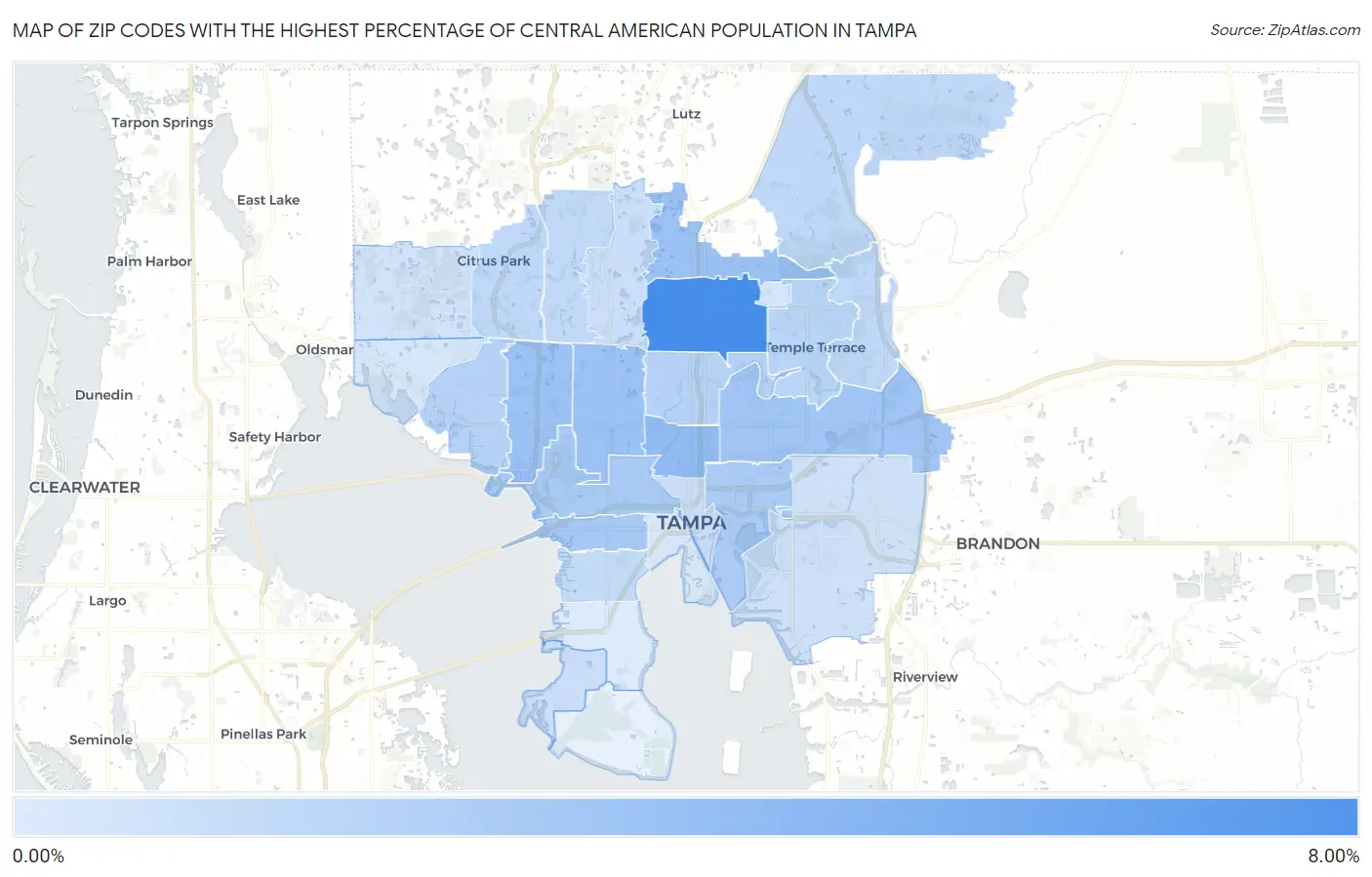 Zip Codes with the Highest Percentage of Central American Population in Tampa Map