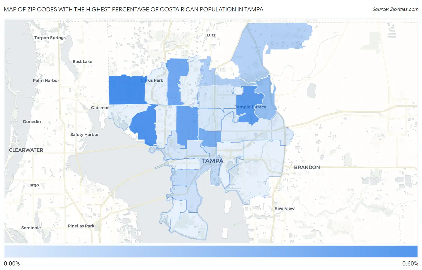 Zip Codes with the Highest Percentage of Costa Rican Population in Tampa Map