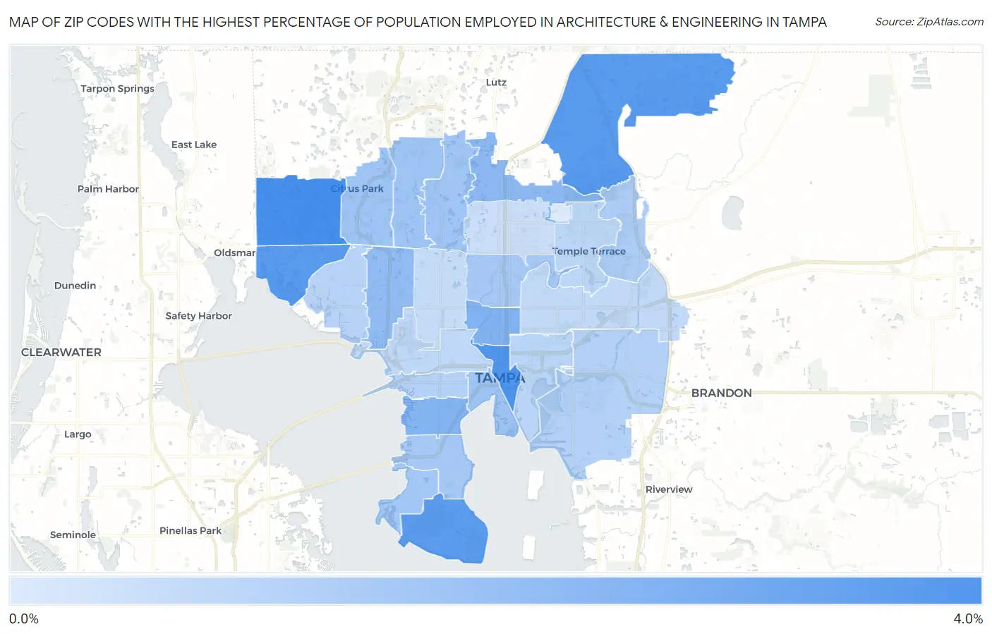 Zip Codes with the Highest Percentage of Population Employed in Architecture & Engineering in Tampa Map