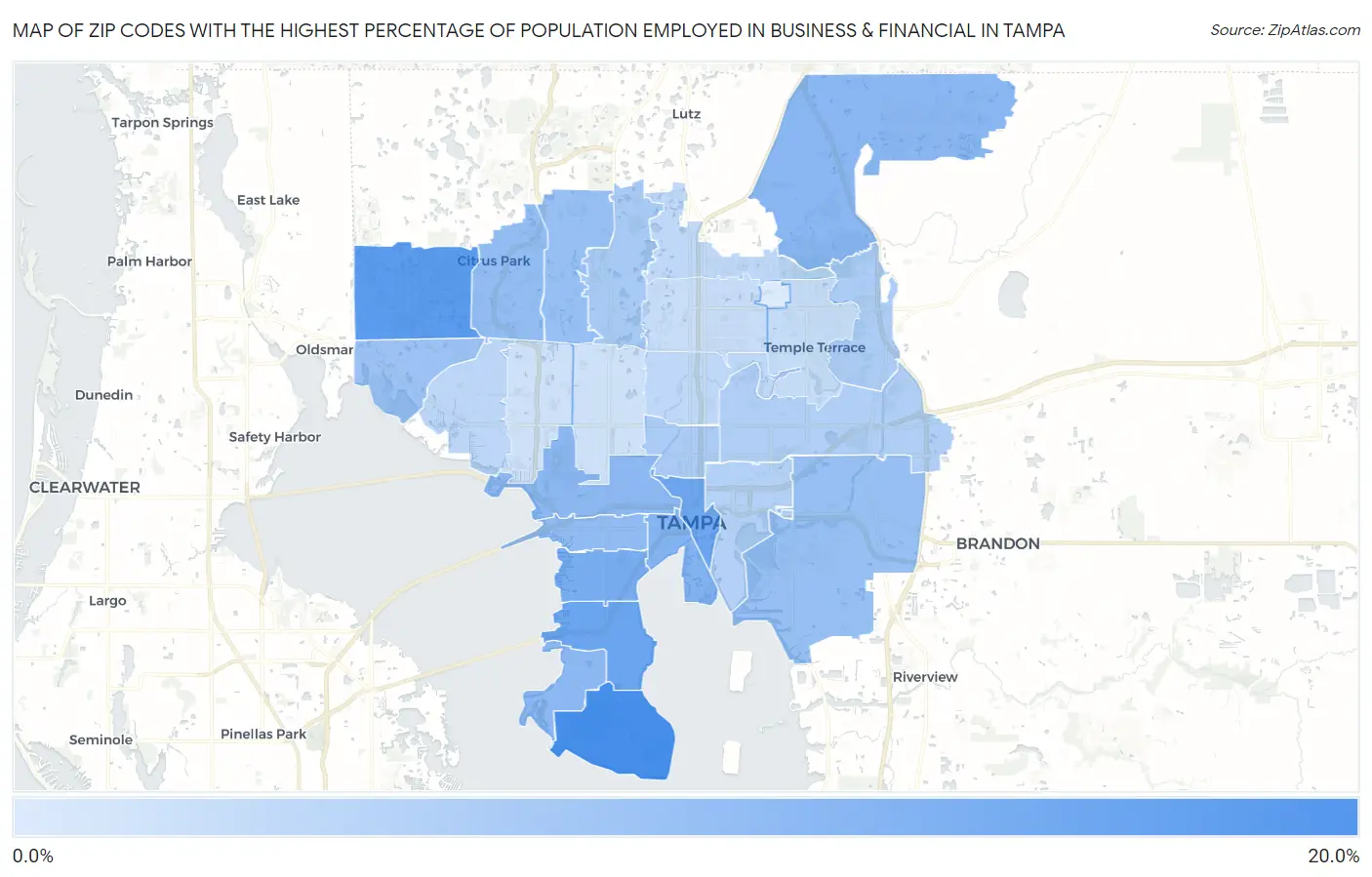 Zip Codes with the Highest Percentage of Population Employed in Business & Financial in Tampa Map