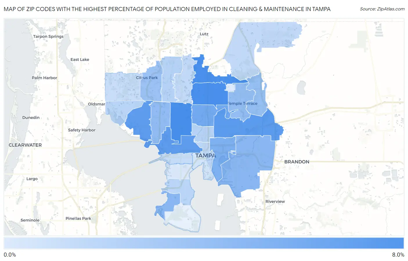 Zip Codes with the Highest Percentage of Population Employed in Cleaning & Maintenance in Tampa Map