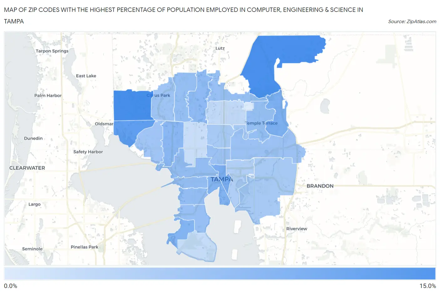 Zip Codes with the Highest Percentage of Population Employed in Computer, Engineering & Science in Tampa Map
