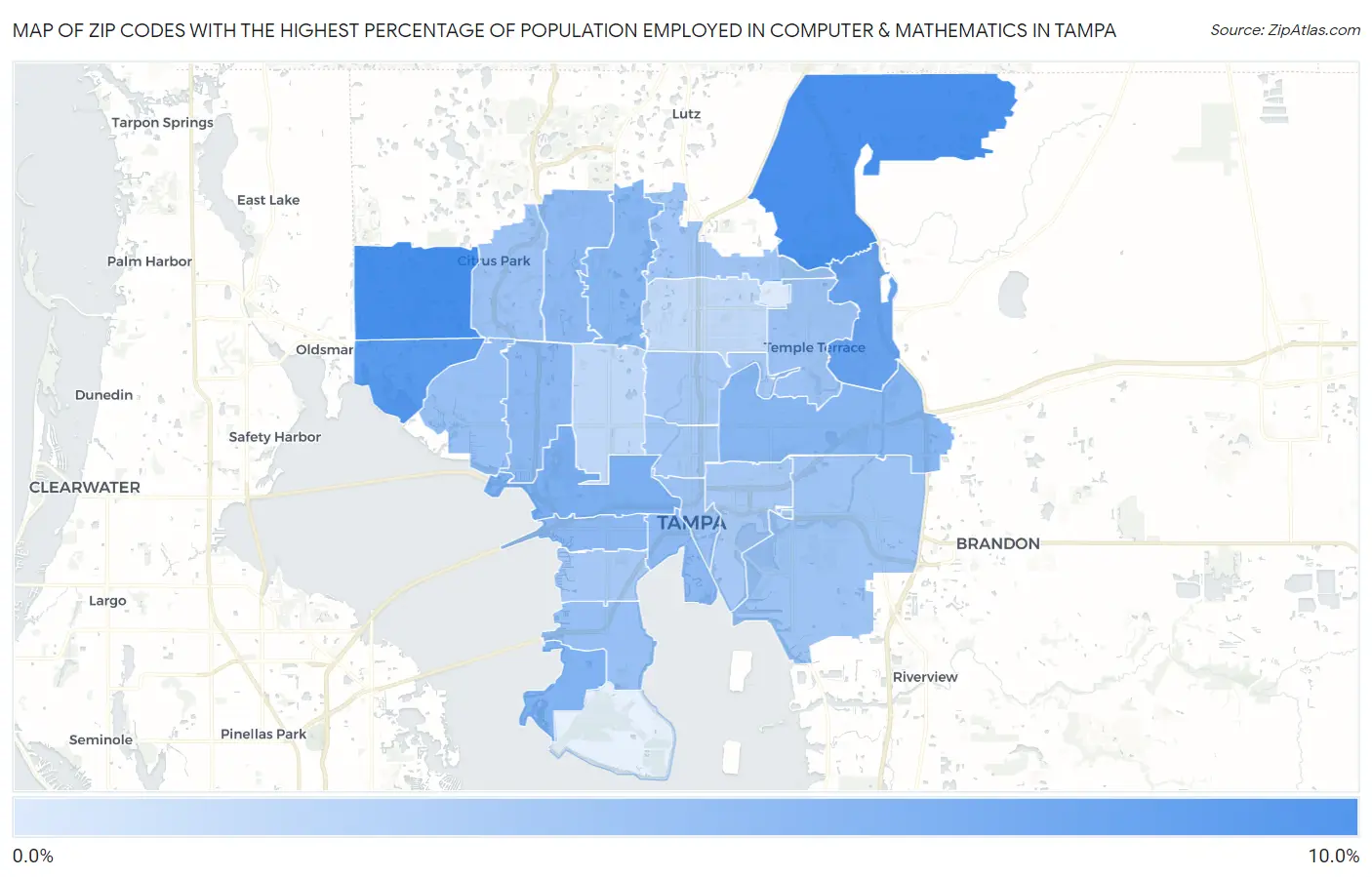 Zip Codes with the Highest Percentage of Population Employed in Computer & Mathematics in Tampa Map