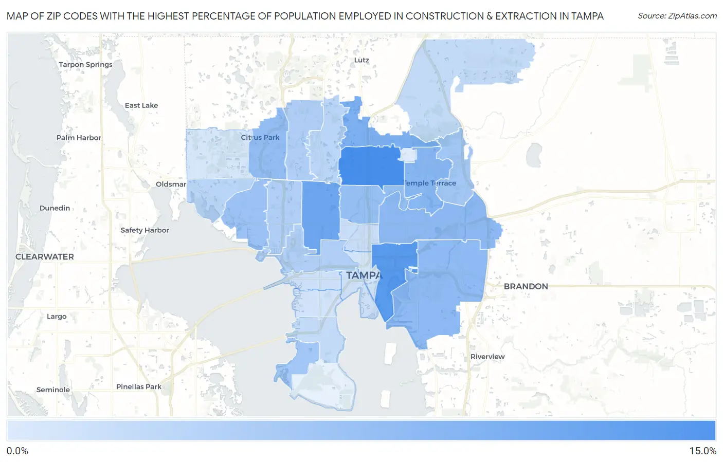 Zip Codes with the Highest Percentage of Population Employed in Construction & Extraction in Tampa Map