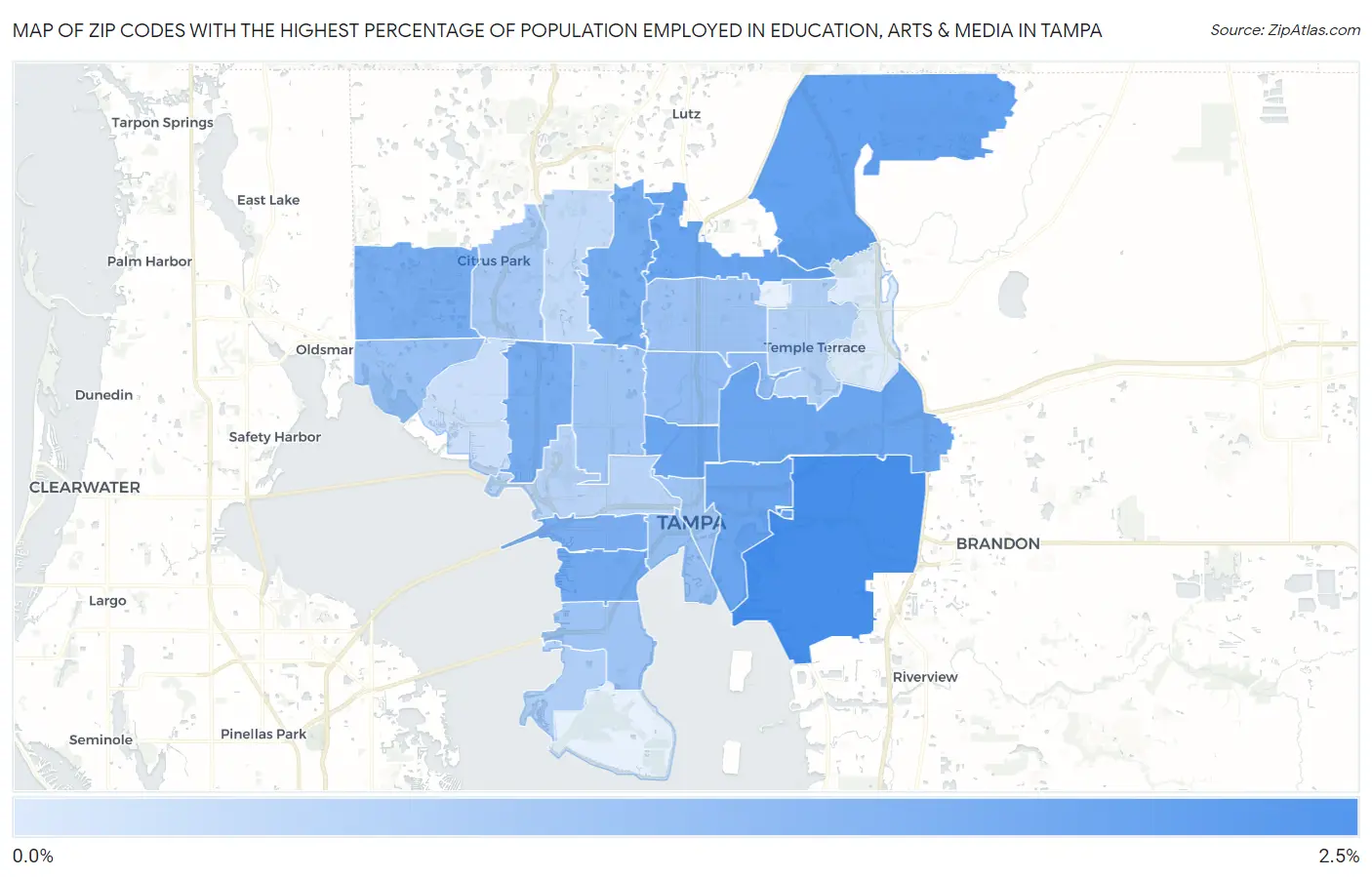 Zip Codes with the Highest Percentage of Population Employed in Education, Arts & Media in Tampa Map