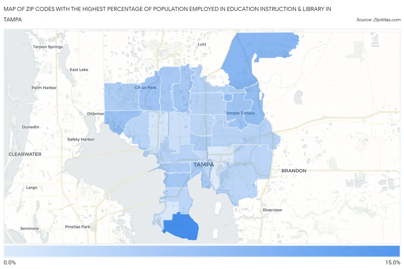 Zip Codes with the Highest Percentage of Population Employed in Education Instruction & Library in Tampa Map