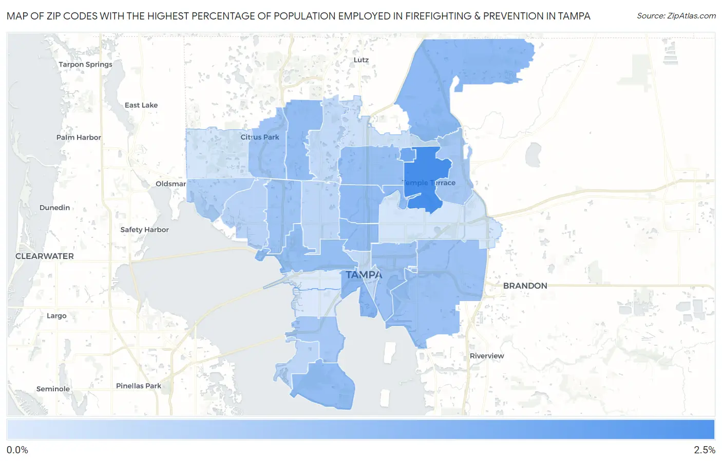 Zip Codes with the Highest Percentage of Population Employed in Firefighting & Prevention in Tampa Map
