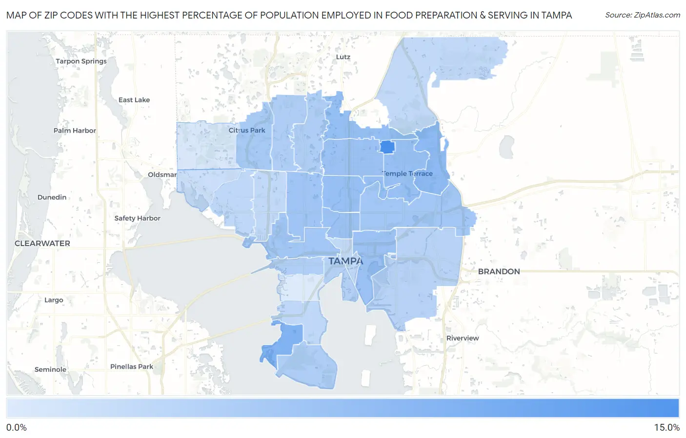 Zip Codes with the Highest Percentage of Population Employed in Food Preparation & Serving in Tampa Map