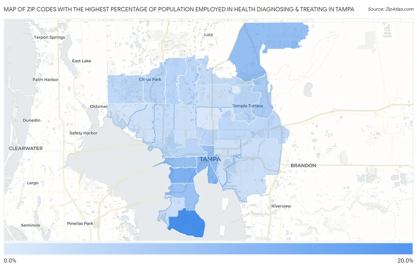 Zip Codes with the Highest Percentage of Population Employed in Health Diagnosing & Treating in Tampa Map