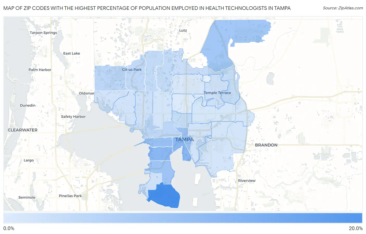 Zip Codes with the Highest Percentage of Population Employed in Health Technologists in Tampa Map