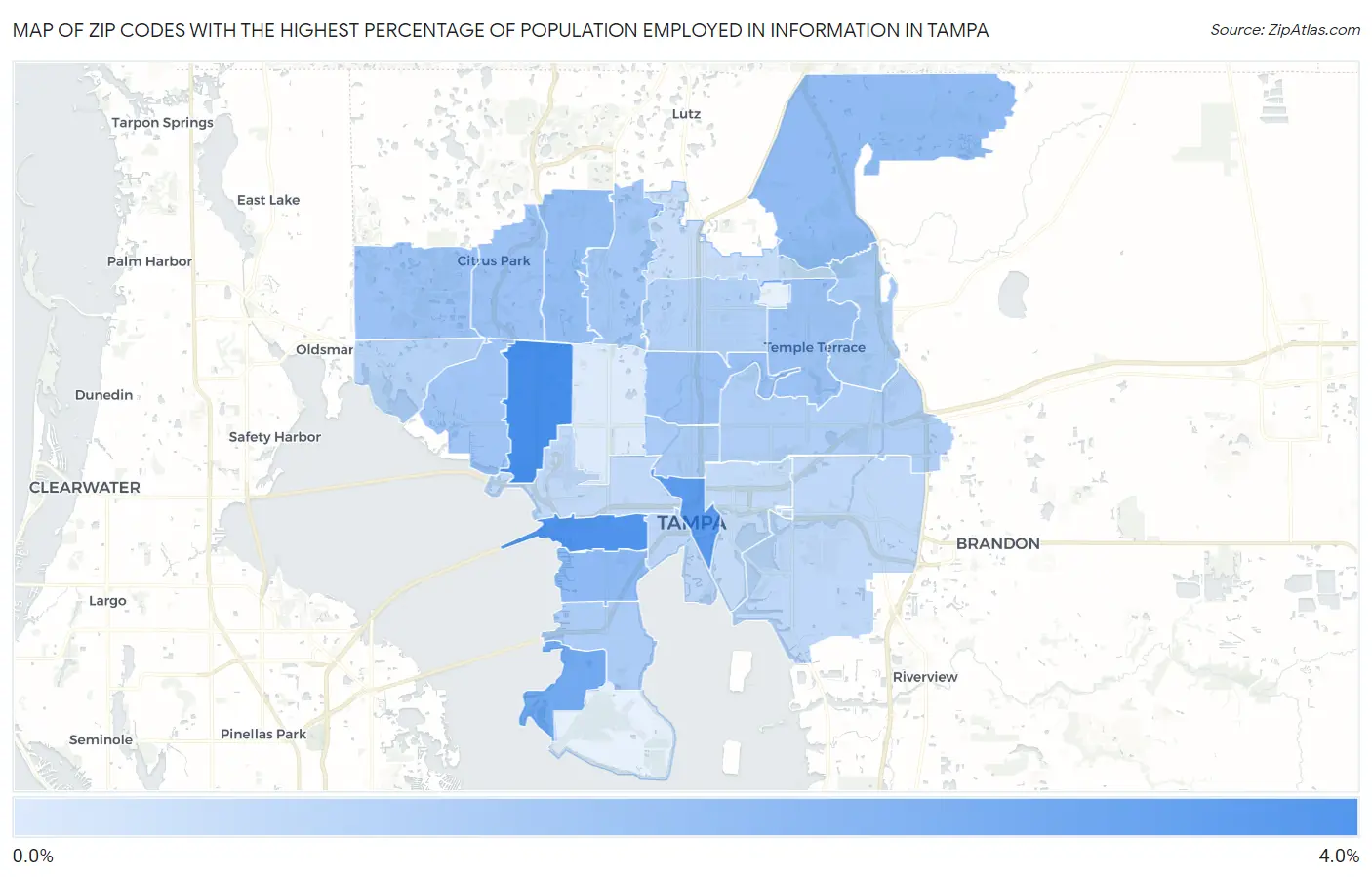 Zip Codes with the Highest Percentage of Population Employed in Information in Tampa Map