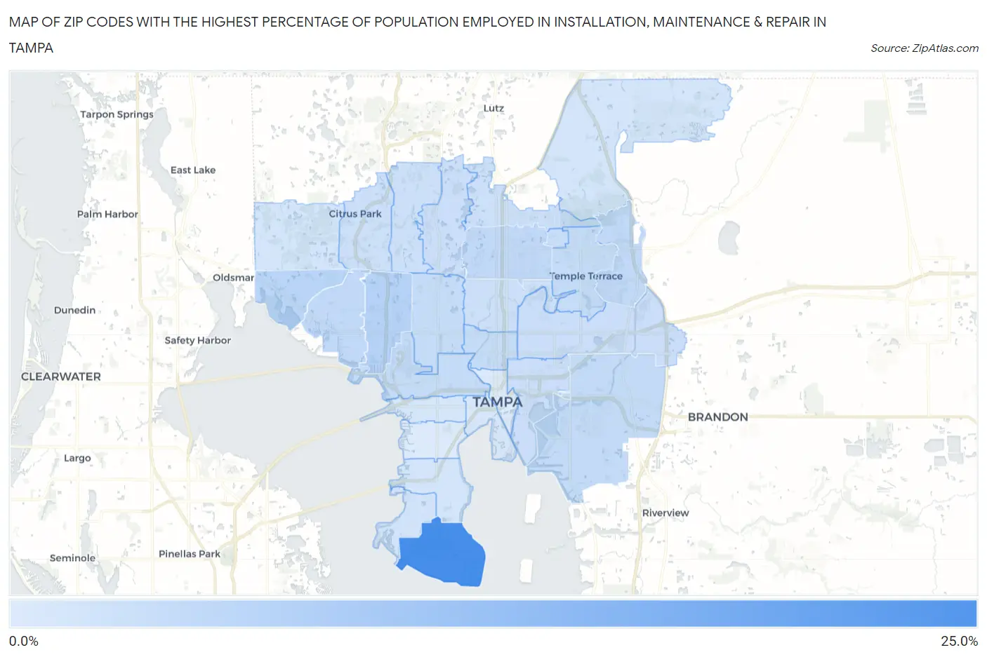 Zip Codes with the Highest Percentage of Population Employed in Installation, Maintenance & Repair in Tampa Map