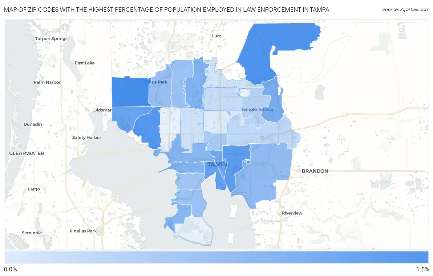 Zip Codes with the Highest Percentage of Population Employed in Law Enforcement in Tampa Map