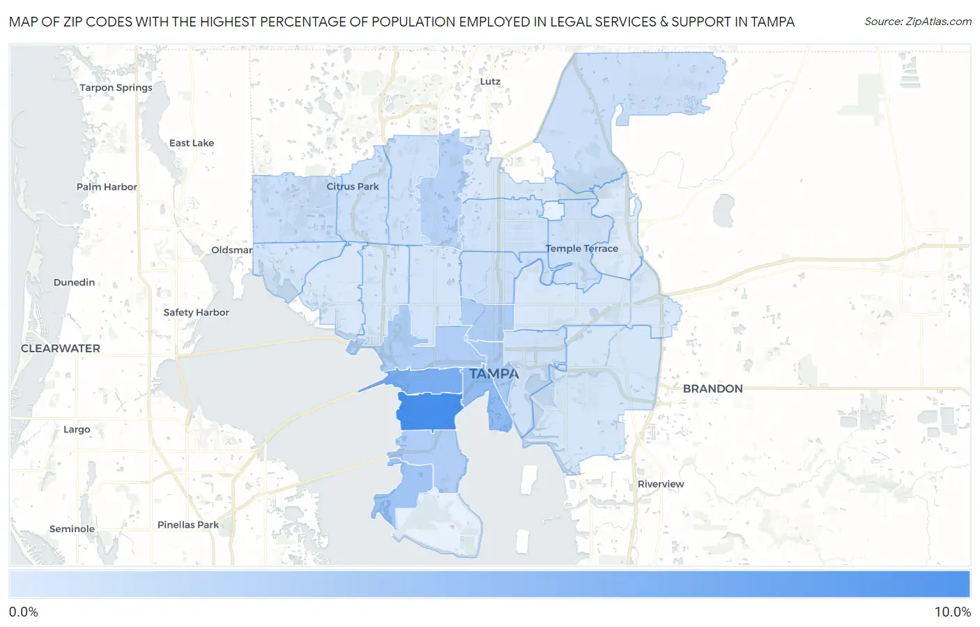 Zip Codes with the Highest Percentage of Population Employed in Legal Services & Support in Tampa Map