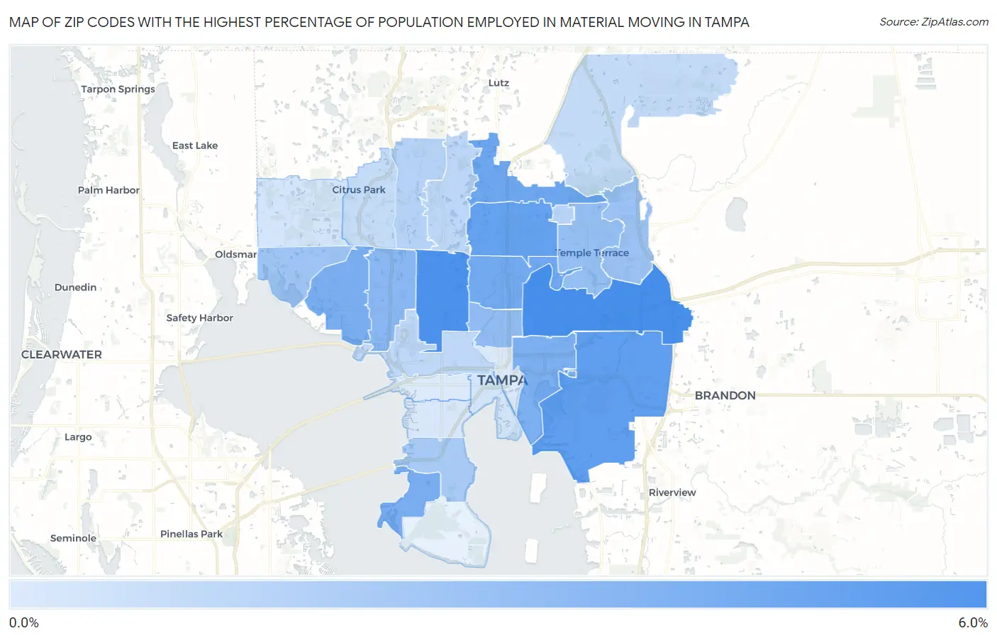 Zip Codes with the Highest Percentage of Population Employed in Material Moving in Tampa Map