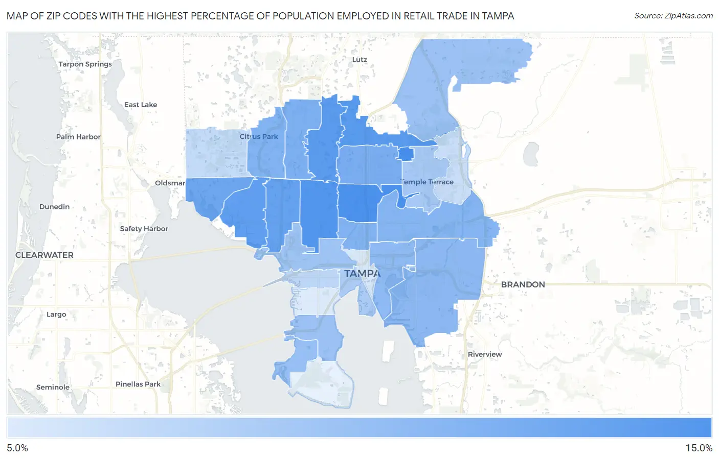 Zip Codes with the Highest Percentage of Population Employed in Retail Trade in Tampa Map