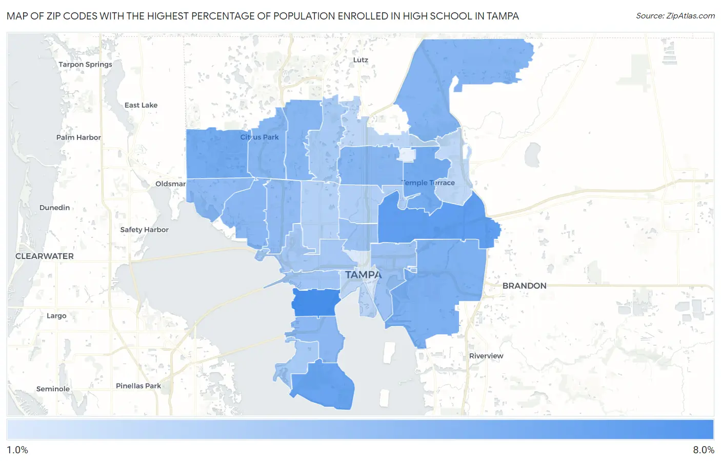 Zip Codes with the Highest Percentage of Population Enrolled in High School in Tampa Map