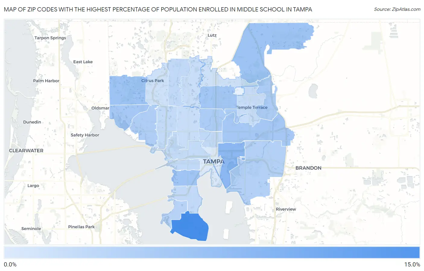 Zip Codes with the Highest Percentage of Population Enrolled in Middle School in Tampa Map